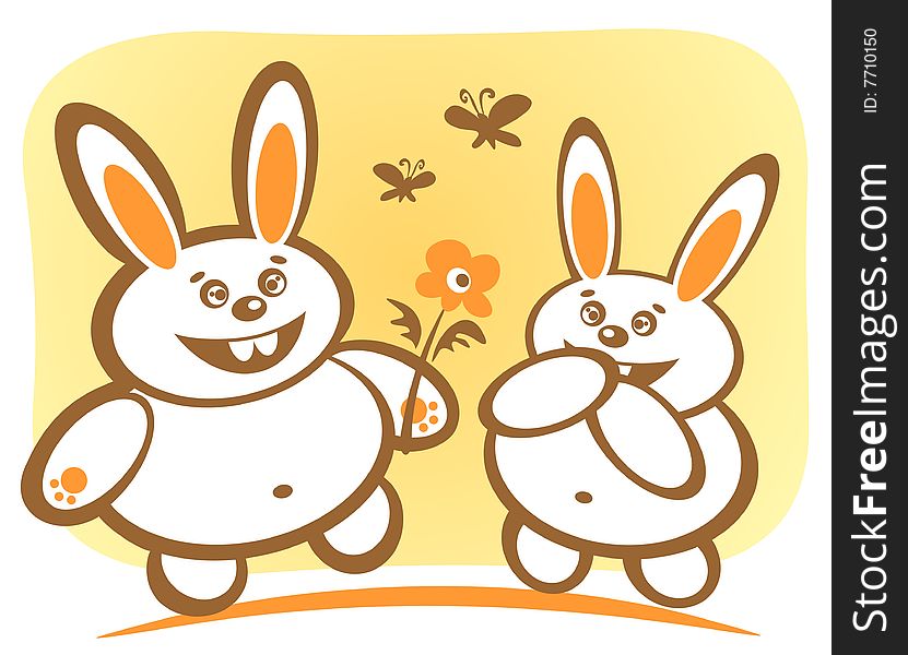 Two cartoon happy rabbits on a yellow background. Valentines illustration.