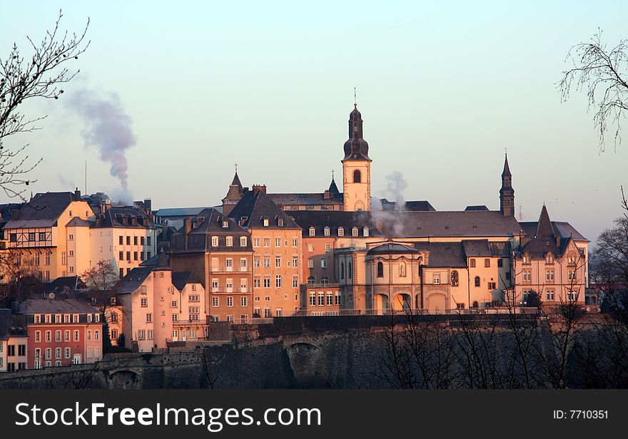 Shot of Luxembourgs old city showing various churches and the Notre Dame cathedral. Shot of Luxembourgs old city showing various churches and the Notre Dame cathedral