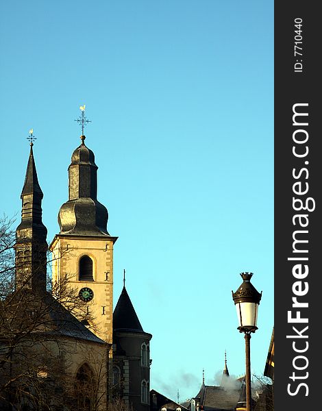 Old town Luxembourg showing church and old victorian style lamps. Old town Luxembourg showing church and old victorian style lamps