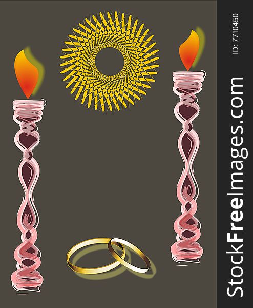 Two gold rings, two pink candles on a dark background. Two gold rings, two pink candles on a dark background.
