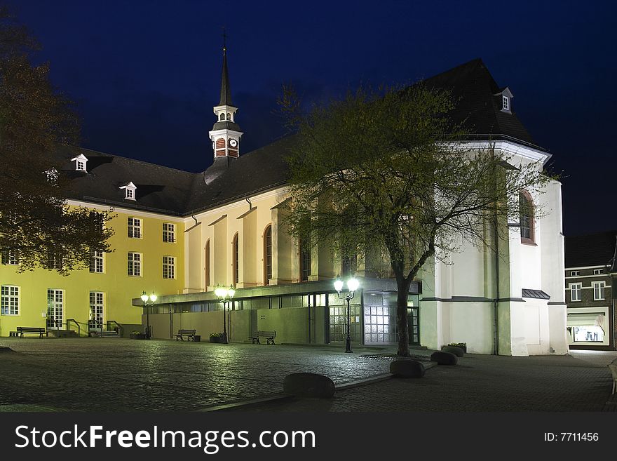 An old church in Bruggen, Germany, photographed at night.