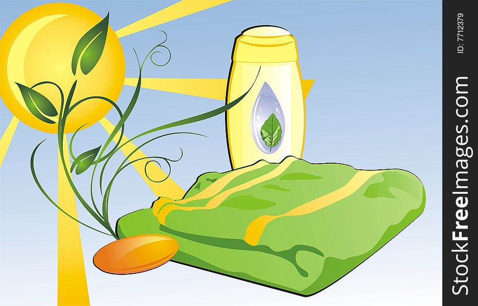 Shampoo, soap and towel. Composition for card. Vector illustration