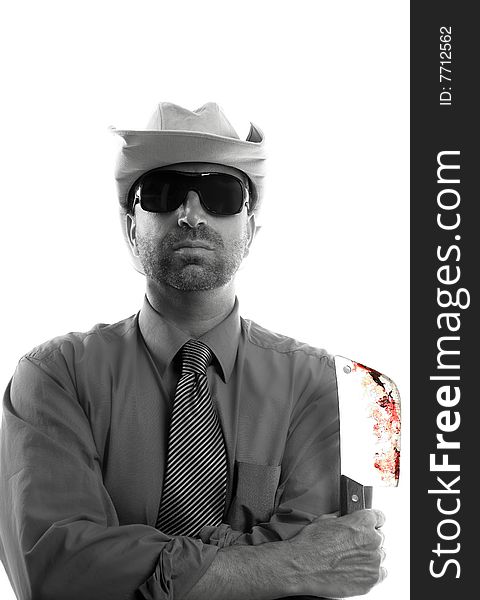 Pyschopath and Butcher knife businessman, hat. White studio background