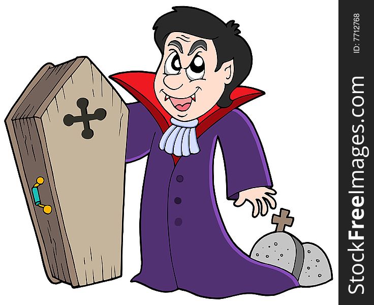 Vampire with coffin and graves - vector illustration.
