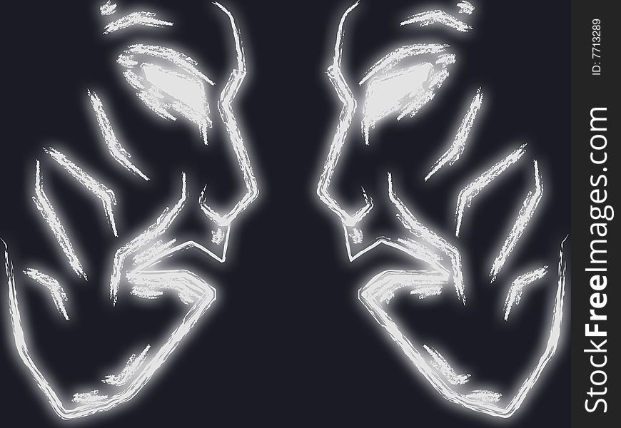 White glowing angry faces on black background. White glowing angry faces on black background