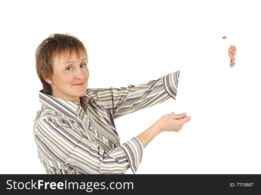 Lady holds empty paper on white background. Lady holds empty paper on white background