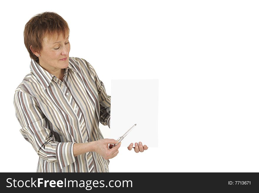Manageress shows something on grey paper. Manageress shows something on grey paper