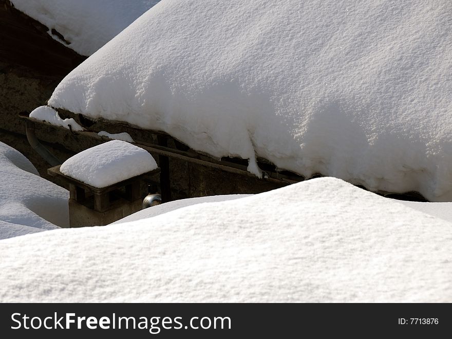 A pipe on a snowy roof. A pipe on a snowy roof