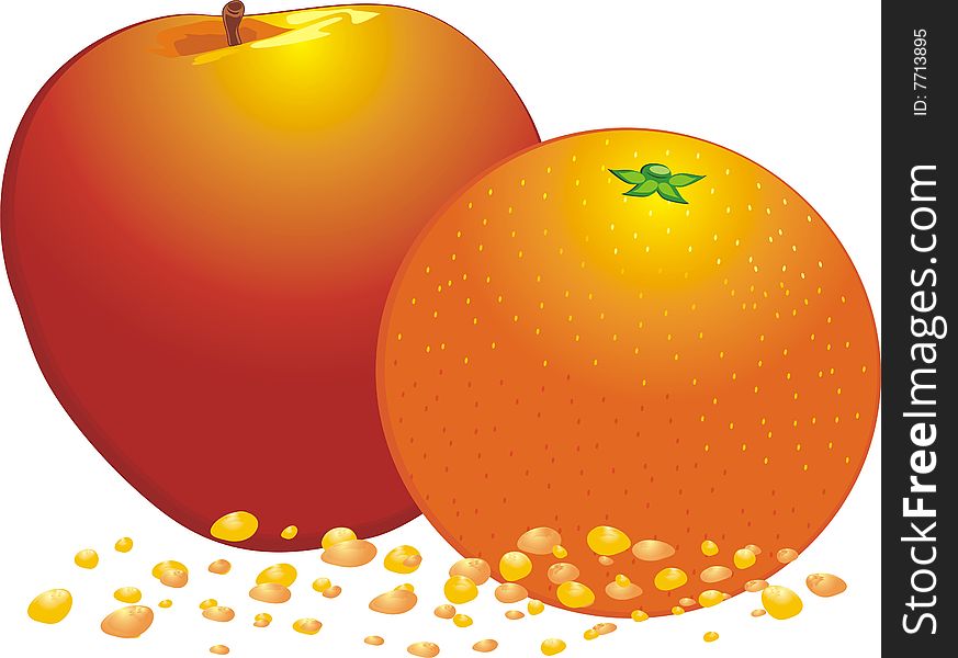 Orange And Apple. Drops Of Juice