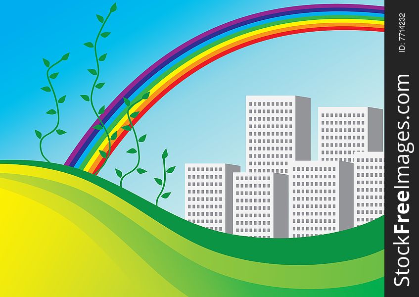 The bright rainbow over the city. Vector illustration