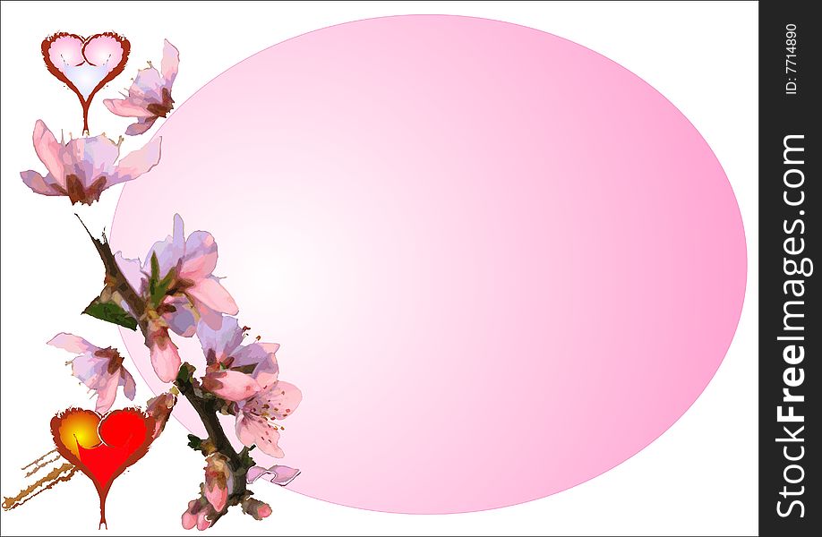 Hearts, flowering branch and pink oval on a white background. Hearts, flowering branch and pink oval on a white background.