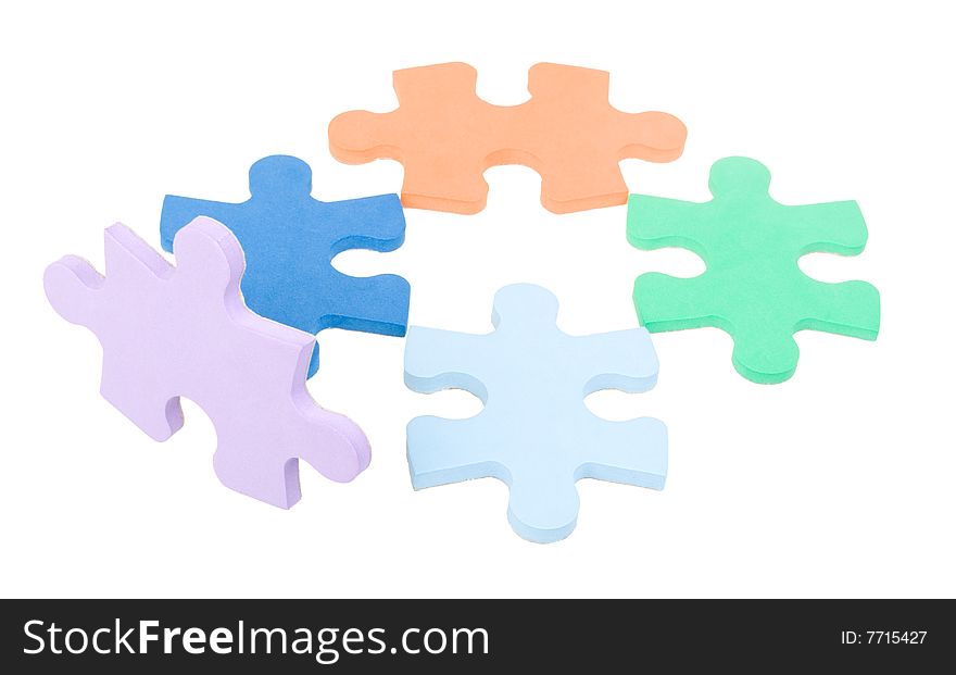 Five colored puzzle blocks, isolated on white. Five colored puzzle blocks, isolated on white