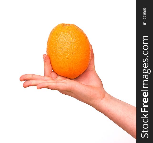 Hand with an orange isolated on white background