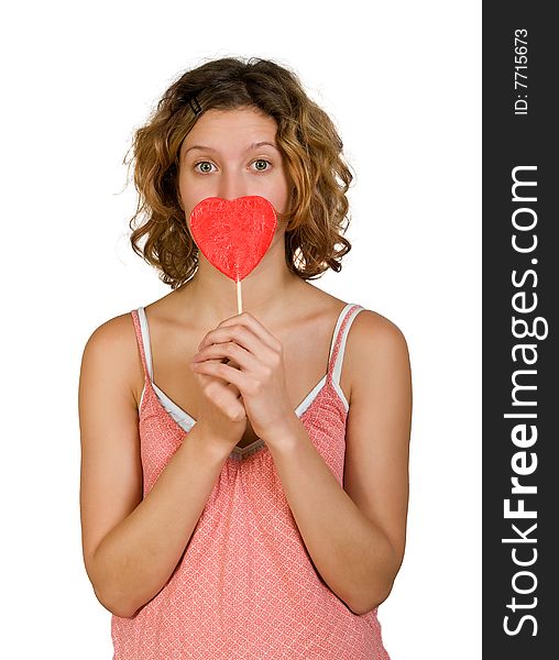 Young beautiful  girl  with  red lollypop in hand. Young beautiful  girl  with  red lollypop in hand