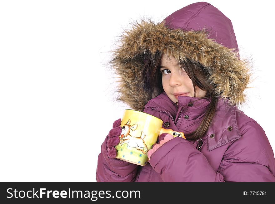 Little girl with cup of hot tea - isolated on white background