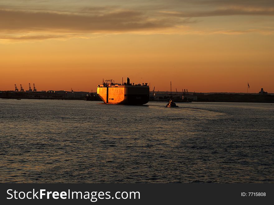 Port near New York, sunset, USA. Port near New York, sunset, USA