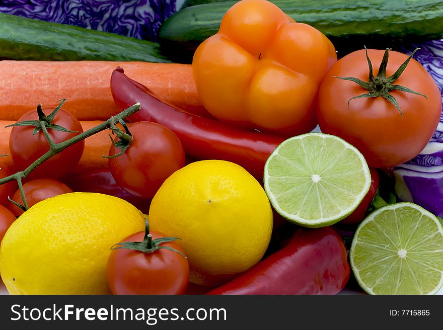 Bright lemons, tomatoes, pepper and cabbage. Bright lemons, tomatoes, pepper and cabbage