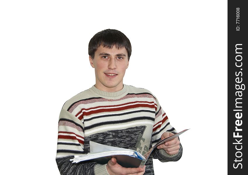 Photo of the young smiling person with a folder.