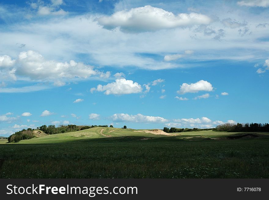 Grassland in Inner Mongolia on the summer sky - blue sky and white clouds.