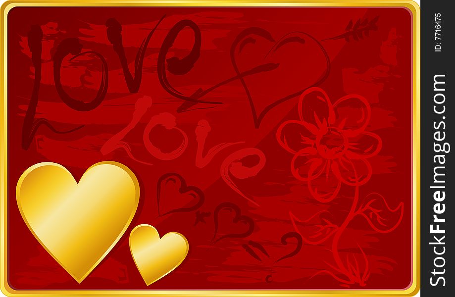 Beautiful Valentines Day Background with Gold Heart and Hand-drawing Symbols. Additional vector format in EPS (v.8).