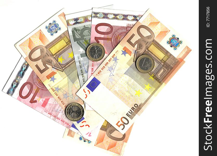 Euro coins and banknotes isolated over white