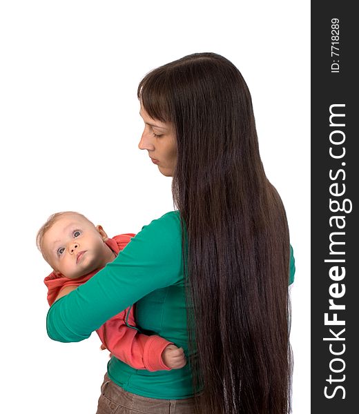 Happy baby with mom isolated on white