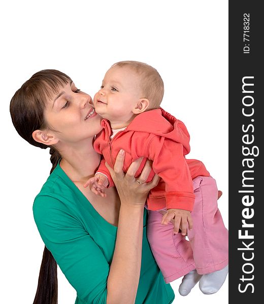 Happy baby with mom isolated on white