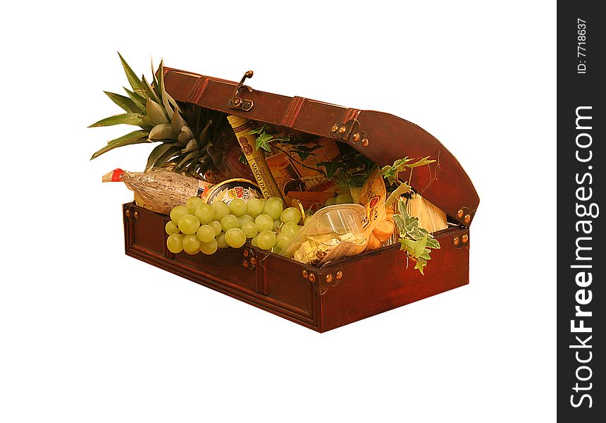 Gift packed in wooden box, bunch of grapes and other goodies. Gift packed in wooden box, bunch of grapes and other goodies