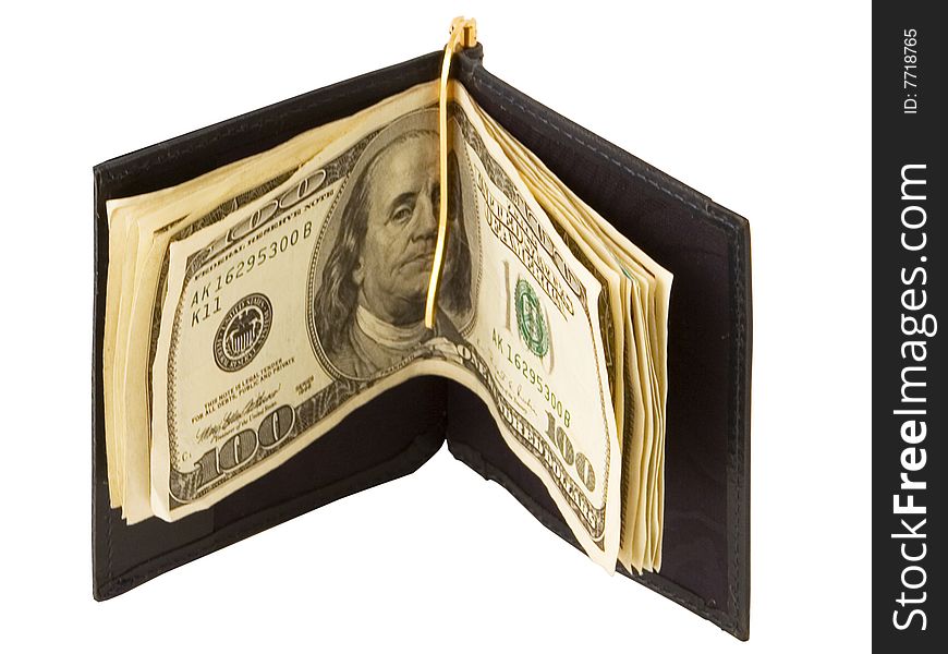 Leather wallet with money on white background