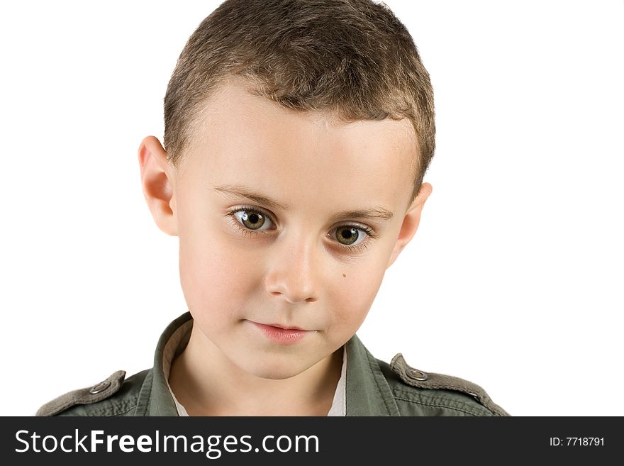 Portrait of a pensive child isolated on white