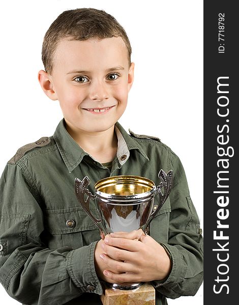 Smiling champion with his trophy, isolated on white