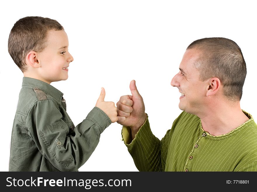 Father and son showing ok sign, isolated on white