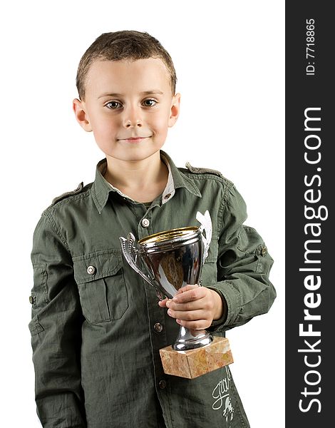 Smiling champion with his trophy, isolated on white