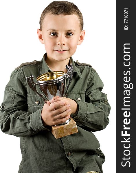 Smiling champion with his trophy, isolated on white