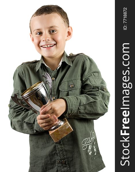 Smiling champion with his trophy, isolated on white