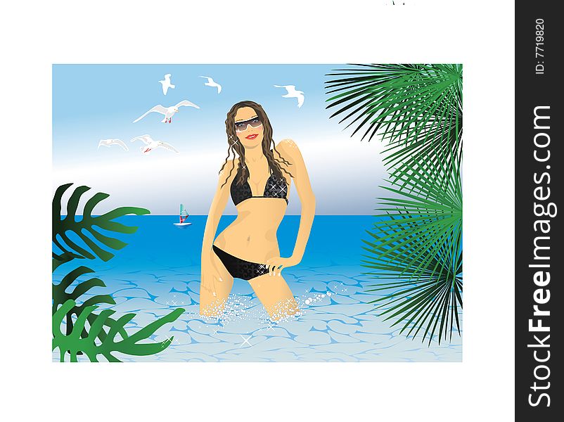 Cartoon illustration of young woman in sea with bikini and sunglasses, tropical beach scene. Cartoon illustration of young woman in sea with bikini and sunglasses, tropical beach scene.