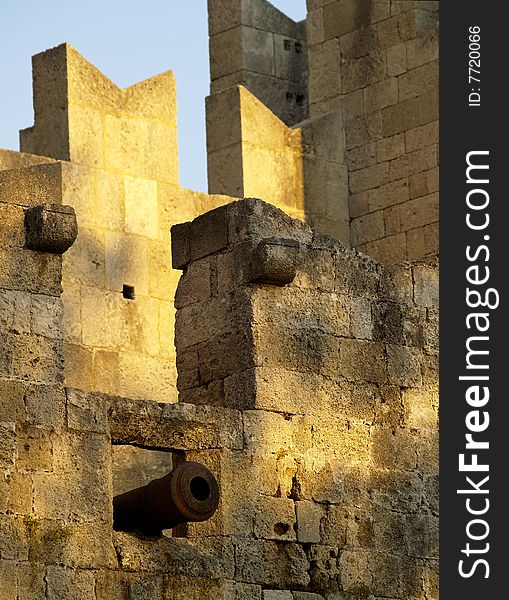Famous medieval city walls in Rhodes, Greece