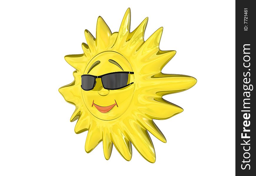 Cartoon sun in glasses isolated on white background