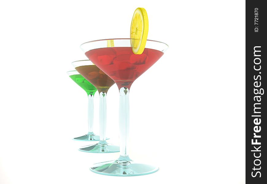 Three colored cocktailes in wineglasses on white background. Three colored cocktailes in wineglasses on white background