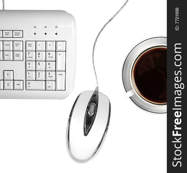 Coffee, keyboard, mouse on white background. Workplace.