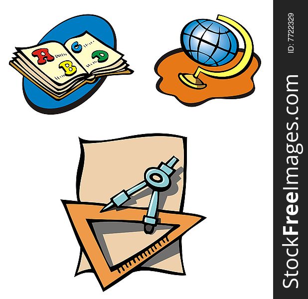 Set of educational objects, book, globe and compass, cartoon, vector illustration