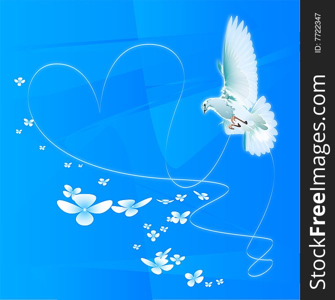 The white pigeon against the blue sky holds a tape which is weaved in the form of love and fidelity heart-symbol.