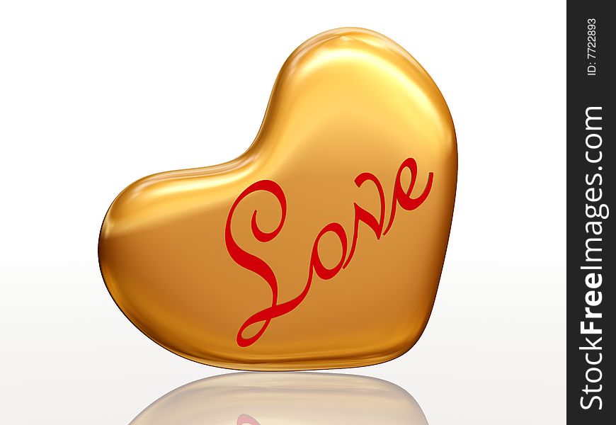 3d golden heart, red letters, text - Love, isolated. 3d golden heart, red letters, text - Love, isolated