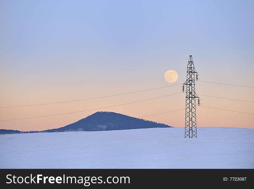 Electric long distance line on the snow