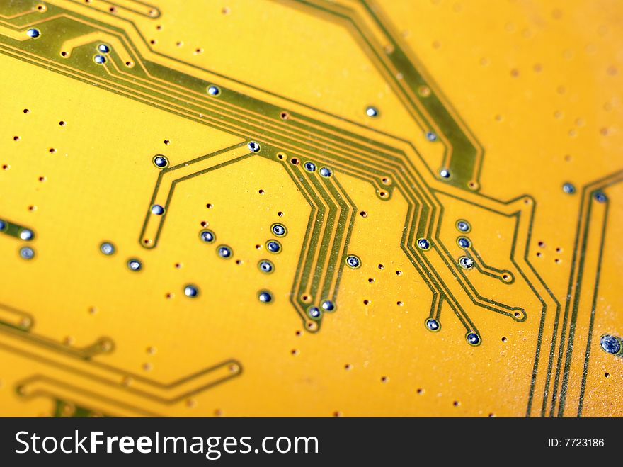 Detailed look of the circuits of a computer motherboard