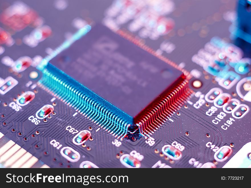 Detailed look of the circuits of a computer motherboard