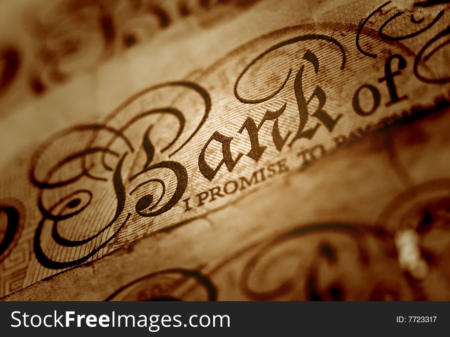 Macro of the word BANK, on a banknote. Macro of the word BANK, on a banknote