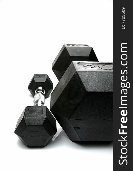 Weight lifting dumbbells isolated against a white background