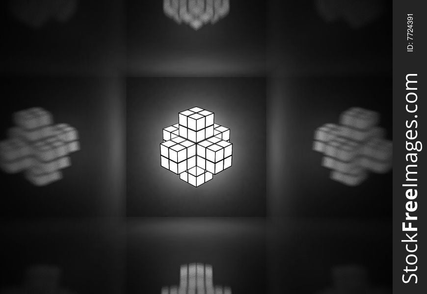 Black and white 3D crossed structure made of same cubes with indistinct reflections on dark background