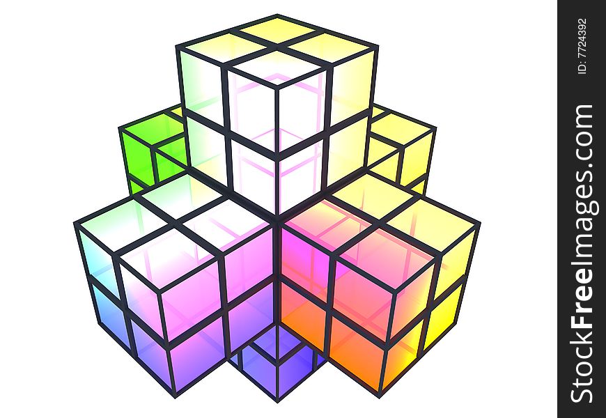 3D crossed colorful structure made of transparent cubes on white background